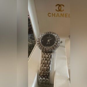CHANEL Silver Watch with Black Dial and Crystal Bezel